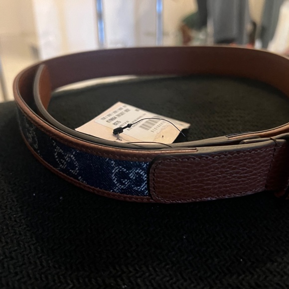 Gucci GG Jacquard Denim And Leather Blue Belt